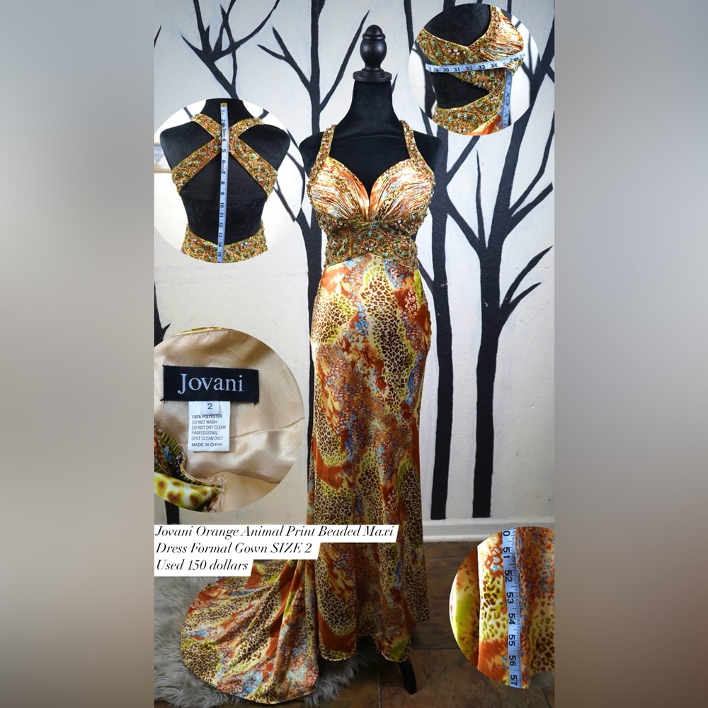 Jovani Orange Print Beaded Maxi Dress Formal Gown SIZE 2